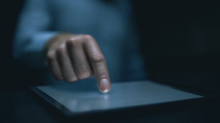 Poster - Digital Interaction: A close-up shot of a hand interacting with a tablet, the finger poised to make a digital connection. the photo represents technology and touch interface.