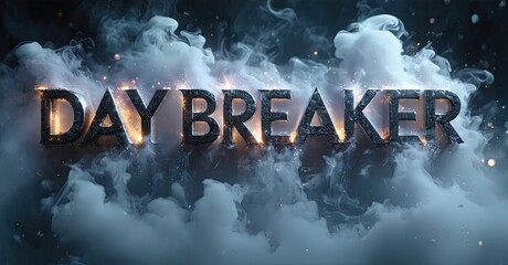 Aufkleber - Dramatic text Day Breaker glows amidst swirling smoke. Dark background enhances fiery lettering, creating intense visual impact.