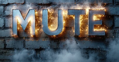 Poster - Dramatic text display. MUTE glows against brick wall, smoke rising. Intense lighting creates fiery effect. Dark background emphasizes lettering.