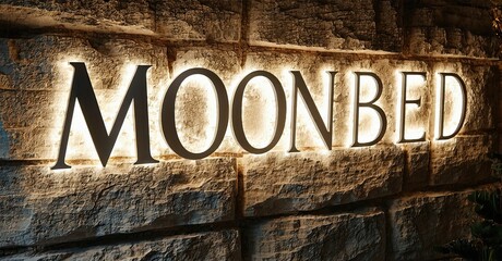 Poster - Illuminated signage spells MOONBED against textured stone wall. Warm lighting creates dramatic effect, highlighting letters. Night scene.