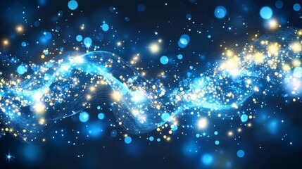 Fototapete - An abstract background with grain noise texture serves as the setting for abstract blurry blue waves that have bright spots on a dark background