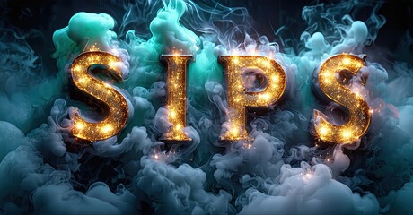 Poster - Golden text SIPS emerges from swirling smoke. Dramatic lighting creates intense visual impact. Dark background enhances glowing letters.