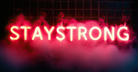 Aufkleber - Bright pink neon sign displays STAYSTRONG. Smoke drifts below text against dark grid background. Inspiring message, vibrant colors.