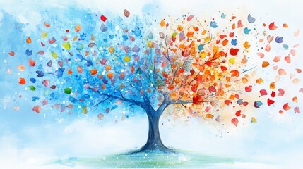 Poster - The pastel leaves of an impressionistic tree bloom vibrantly, standing out against the gentle pale tones of the sky