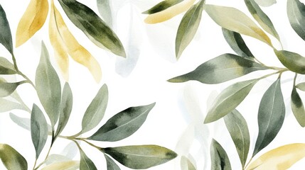 Poster - A Dreamlike State of Emerald Green and Olive with Gold Accents in a Watercolor of Leafy Foliage