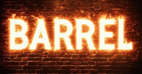 Poster - Bright word barrel glows against brick wall. Fiery illumination creates dramatic visual impact. Bold lettering dominates composition.