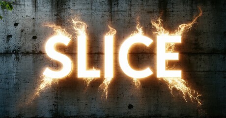 Aufkleber - Bright word SLICE glows against textured concrete wall. Dramatic lighting creates fiery effect, intense visual impact.