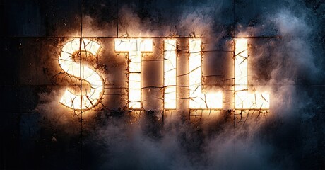 Aufkleber - Glowing word STILL appears on cracked wall. Dramatic lighting, smoke effects create intense atmosphere. Dark background emphasizes text.