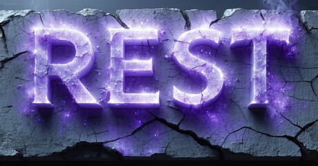 Aufkleber - Glowing purple text spells REST upon cracked stone surface. Dramatic lighting creates intense visual impact. Dark background emphasizes word.