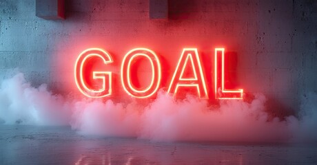 Aufkleber - Bright neon sign spells goal. Smoke fills concrete room. Dramatic lighting creates intense atmosphere. Focus on achievement, ambition.
