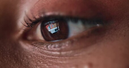 Fototapete - Reading, closeup and eye of woman on computer for research, online project and article. Professional, editor and worker with reflection for digital magazine review, proofreading and information