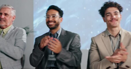 Aufkleber - Applause, conference and success with business people on stage together for award ceremony. Motivation, presentation and trade show with employee group clapping on podium for development seminar
