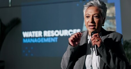 Poster - Presentation, speaker and woman with mic on a stage for ecology seminar, tradeshow and conference. Sustainable business, speech and person for water resources management, workshop and solution