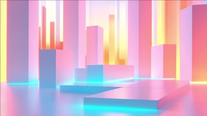 Poster - Dreamlike Pastel Cityscape: Neon Glow and Geometric Forms
