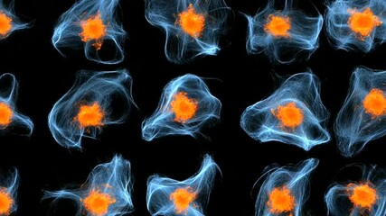 A series of glowing, orange and blue blobs are shown in a black background