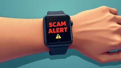 Poster - A close-up of a hand wearing a smartwatch displaying a bright 'SCAM ALERT' message on the screen.