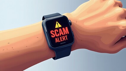 Poster - A close-up of a hand wearing a smartwatch displaying a 'SCAM ALERT' message in bold red letters, conveying urgency and caution.