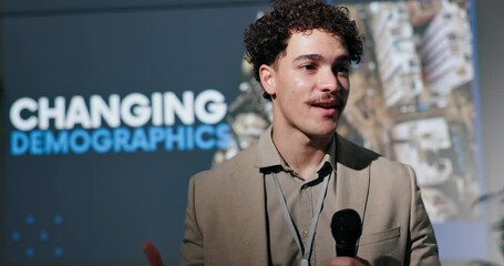 Poster - Microphone, presentation and businessman at conference with speech for changing demographics. Seminar, screen and male sociologist with workshop for target market training at convention center.