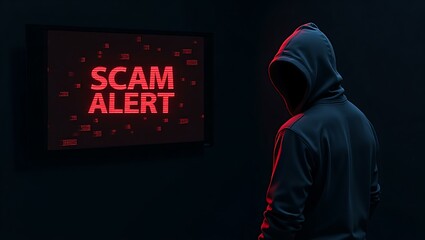 Poster - A hooded figure stands before a screen displaying 'SCAM ALERT' in red, creating a mysterious and alarming atmosphere.