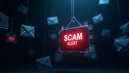 Poster - A digital 'SCAM ALERT' sign prominently displayed among floating envelopes, emphasizing the importance of online security.