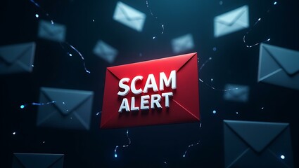 Aufkleber - A dramatic illustration of a red 'SCAM ALERT' envelope surrounded by floating letters, symbolizing online safety and awareness.