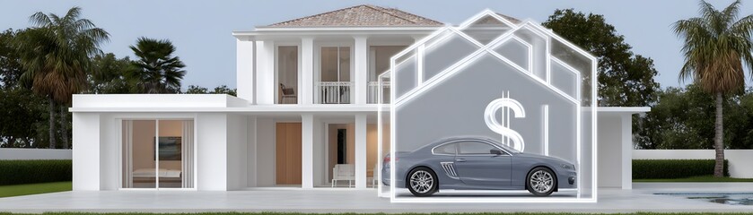 Poster - Within a cutting-edge neighborhood characterized by futuristic architecture, a digital foreclosure notice appears on a transparent holographic display outside a residence. The scene conveys the