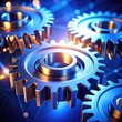 © sun - Shiny metallic gears interlock and rotate amid glowing blue light effects.