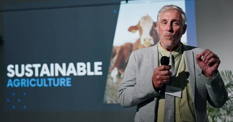 Poster - Mature, businessman and speech at seminar for sustainable agriculture or economic growth. Man, executive or speaker talking with mic or screen for presentation, environmental campaign or change