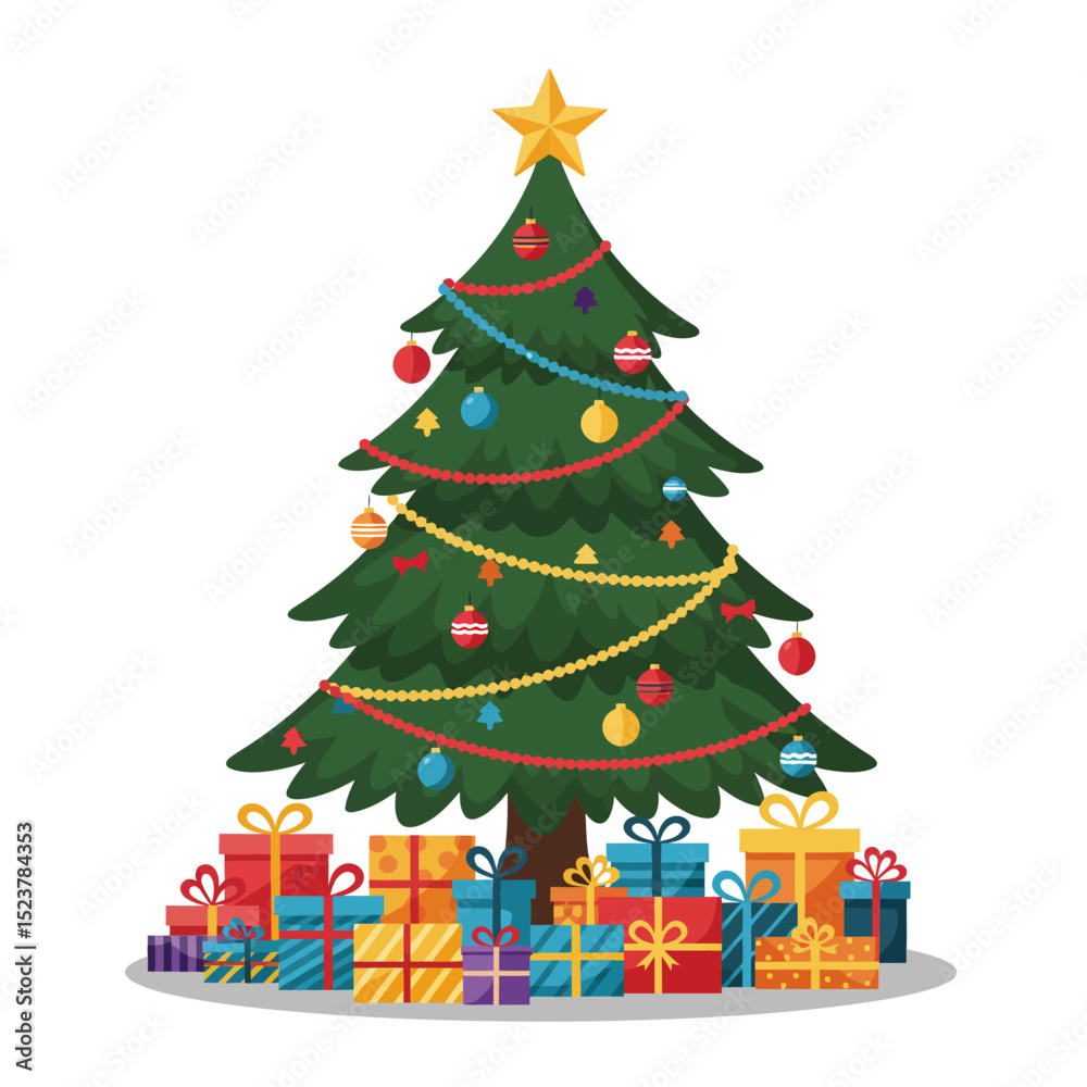 Decorated Christmas Tree with Star and Colorful Gifts Illustration on ...