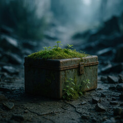 Poster - rusted metal chest with plants growing on it, surrounded by rocks and debris, set against misty forest backdrop.