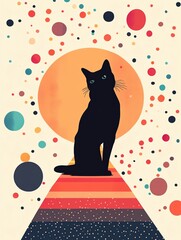 Naklejka na meble Stylized black cat against colorful cosmic background.