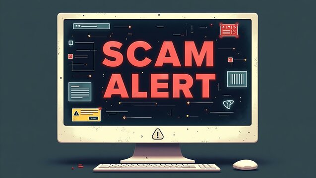 A visually striking computer monitor displaying a bold 'SCAM ALERT' message in red against a dark background, emphasizing cybersecurity awareness.