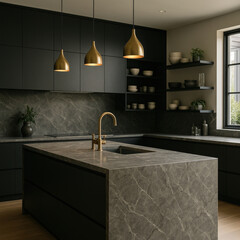 Poster - modern kitchen with black cabinets, marble countertops, hanging gold light fixtures, stainless steel appliances, and sink.