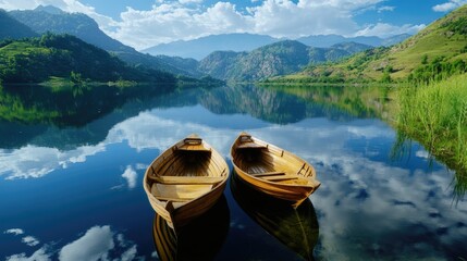 Aufkleber - Wooden boats glide over a still lake, reflecting towering mountains in the distance, capturing a timeless, peaceful landscape
