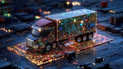 Aufkleber - Modern cargo truck moves over a glowing circuit board, symbolizing high-tech logistics, connectivity, and fast-paced delivery systems