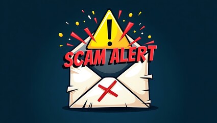 Aufkleber - A graphic illustrating a scam alert featuring an envelope and a warning symbol.