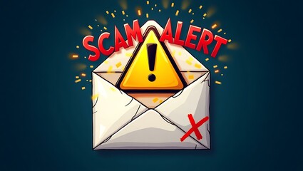Poster - A visually striking illustration of a scam alert featuring a yellow warning triangle and an envelope, signaling caution.