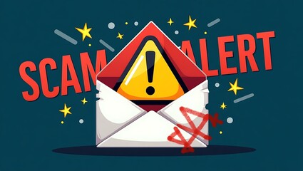 Poster - A graphic illustration featuring an alert about scams, showcasing a warning symbol emerging from an envelope.