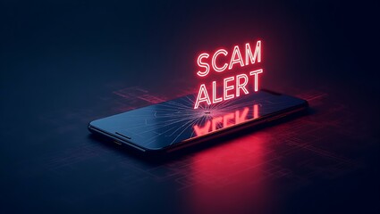 Aufkleber - A dark, digital scene featuring a smartphone with a cracked screen displaying the words 'SCAM ALERT' in bright neon red.