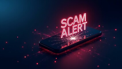 Aufkleber - A smartphone screen illuminated with a neon 'SCAM ALERT' message against a dark gradient background, conveying a sense of urgency.