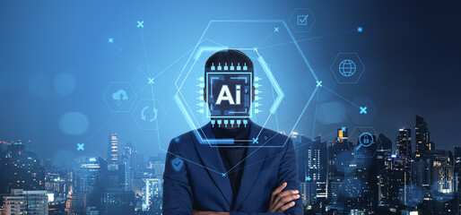 Aufkleber - Futuristic AI concept with businessman and digital interface in