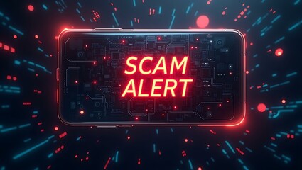 Aufkleber - A smartphone displaying a bright 'SCAM ALERT' message, surrounded by glowing data patterns, emphasizing digital security concerns.