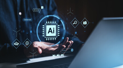 Fototapete - AI chip hologram floating over hands with digital interface on dark background.