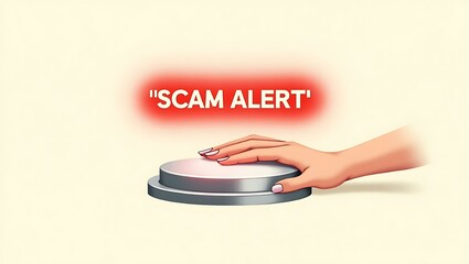 Poster - A hand poised to press a metallic button labeled 'SCAM ALERT' in bold red letters, emphasizing caution and awareness.