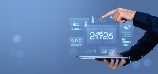 Poster - Business hand interacting with futuristic 2026 digital interface on tablet screen.