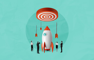 Poster - Rocket startup aiming at target surrounded by business team on b