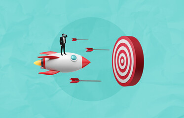 Poster - Businessman on rocket aiming toward target symbolizing startup s