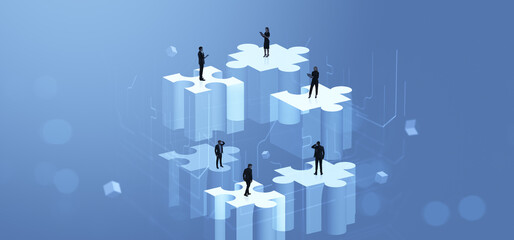 Aufkleber - Business team connecting on puzzle platforms in abstract digital