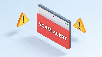 Poster - An eye-catching 'Scam Alert' notification with attention-grabbing exclamation marks, emphasizing online security awareness.