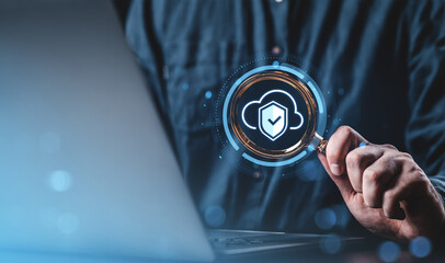 Poster - Cloud security concept with digital shield icon on virtual interface screen.